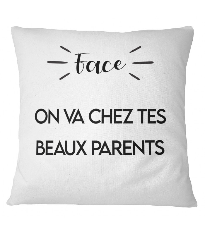 Coussin "Pile : on part en vacances / Face : on va chez tes beaux parents"