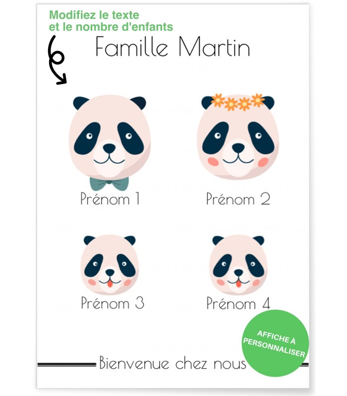 Affiche à personnaliser famille panda |  L’Afficherie