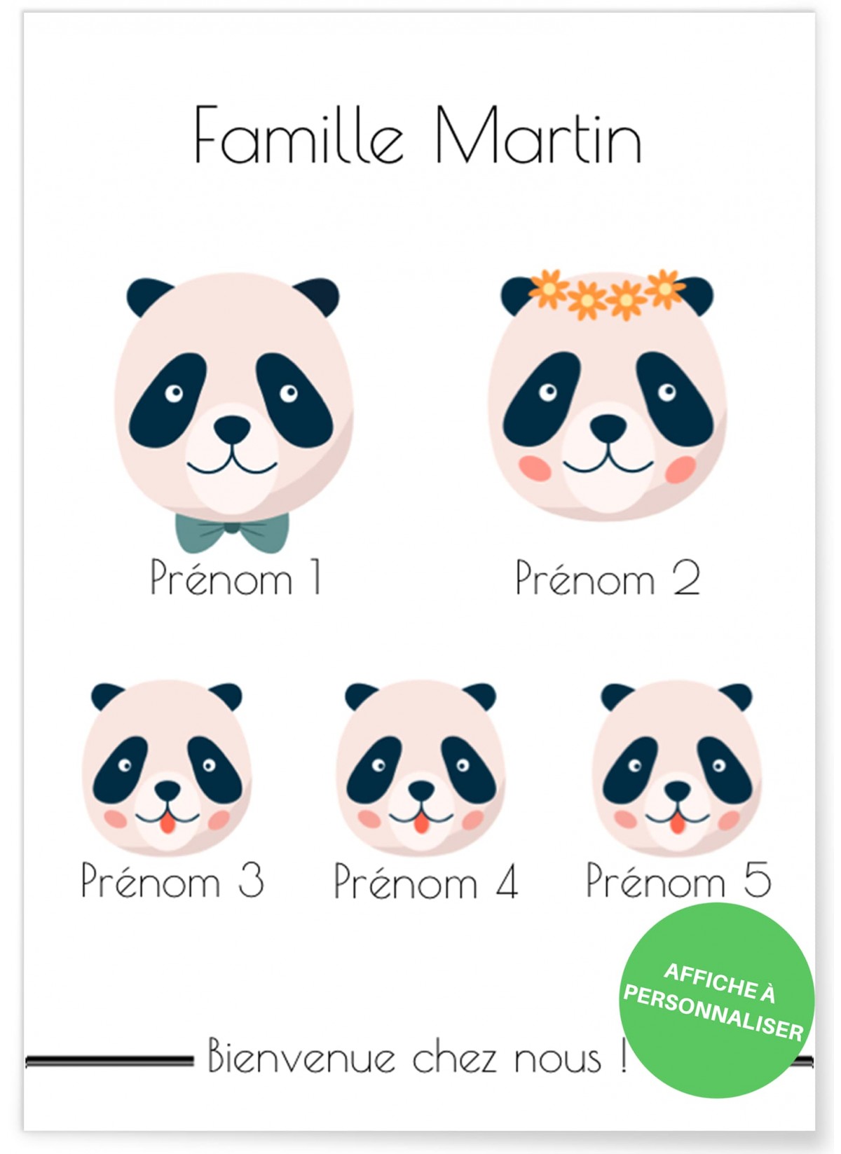 Affiche à personnaliser famille panda |  L’Afficherie