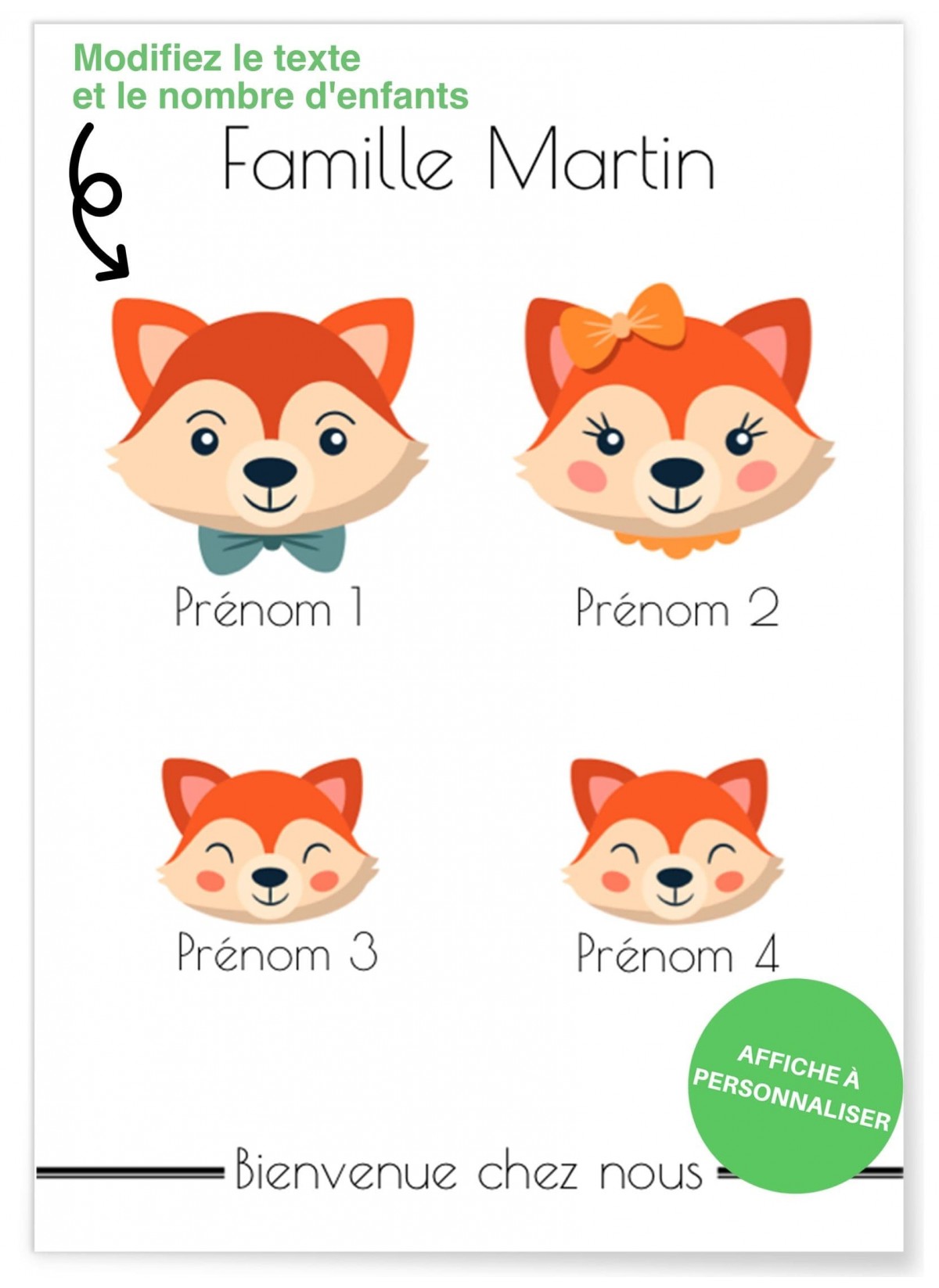 Affiche à personnaliser famille Renard, Idée cadeau |  L’Afficherie