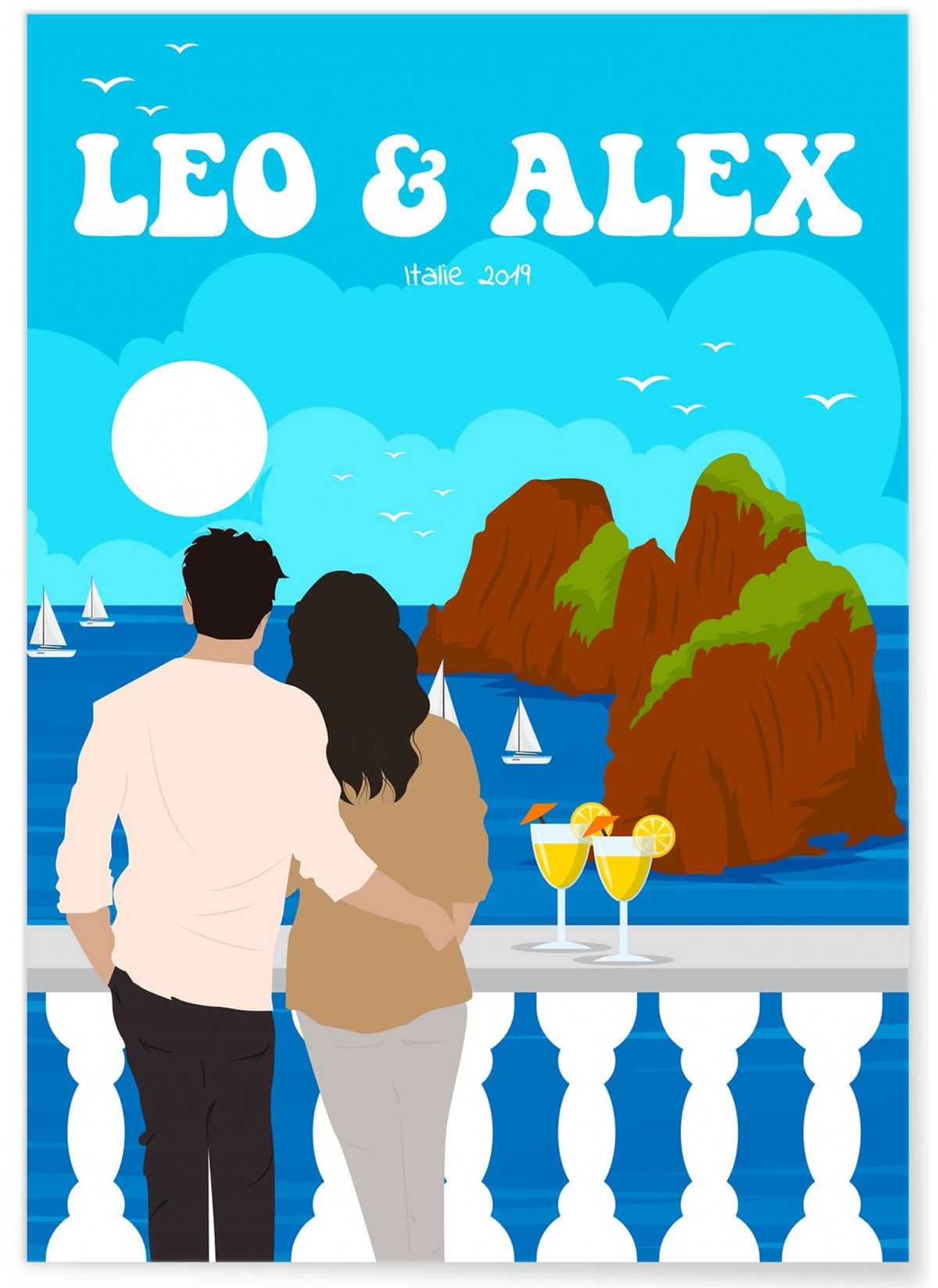 Affiche à Personnaliser - Couple de dos devant un paysage - Personnages et Texte Modifiables
