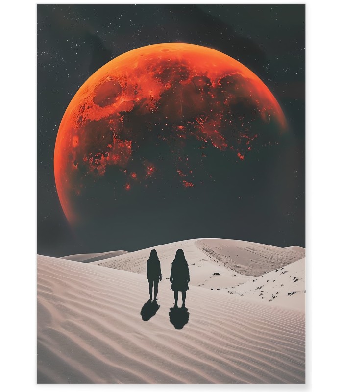 Affiche Deux Silhouettes et Lune Rouge