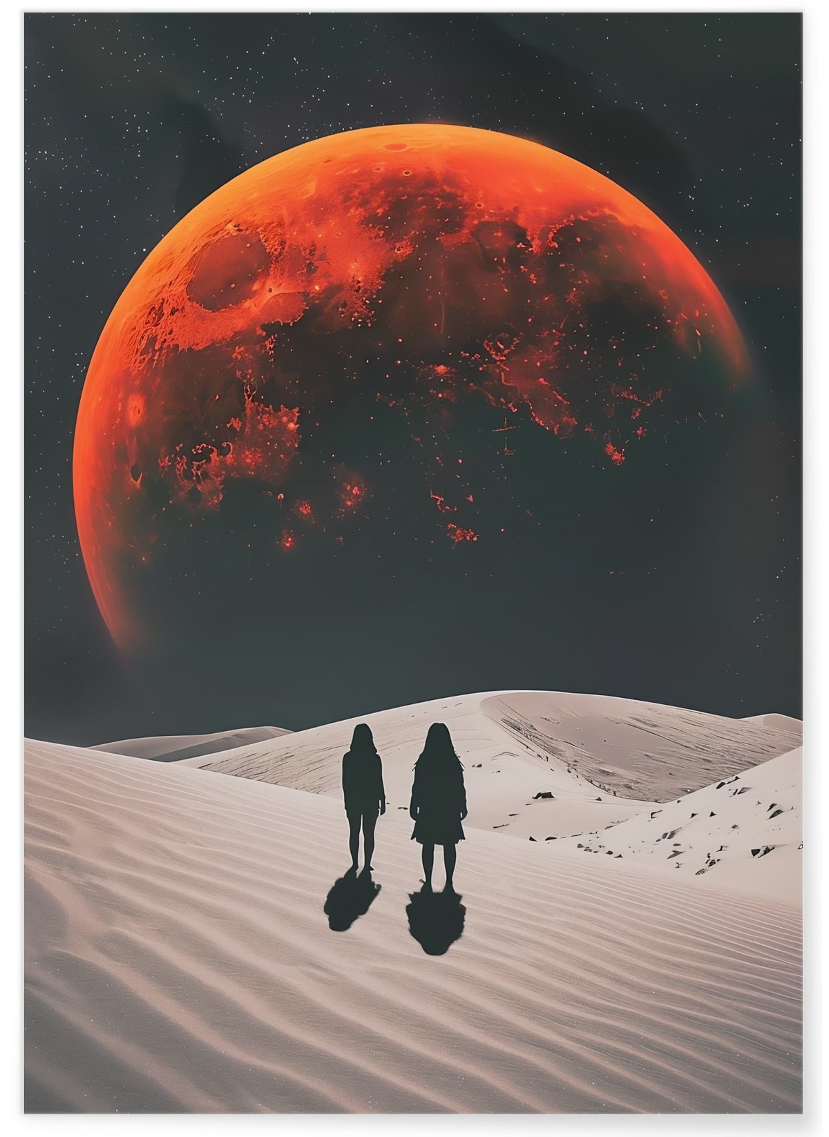 Affiche Deux Silhouettes et Lune Rouge