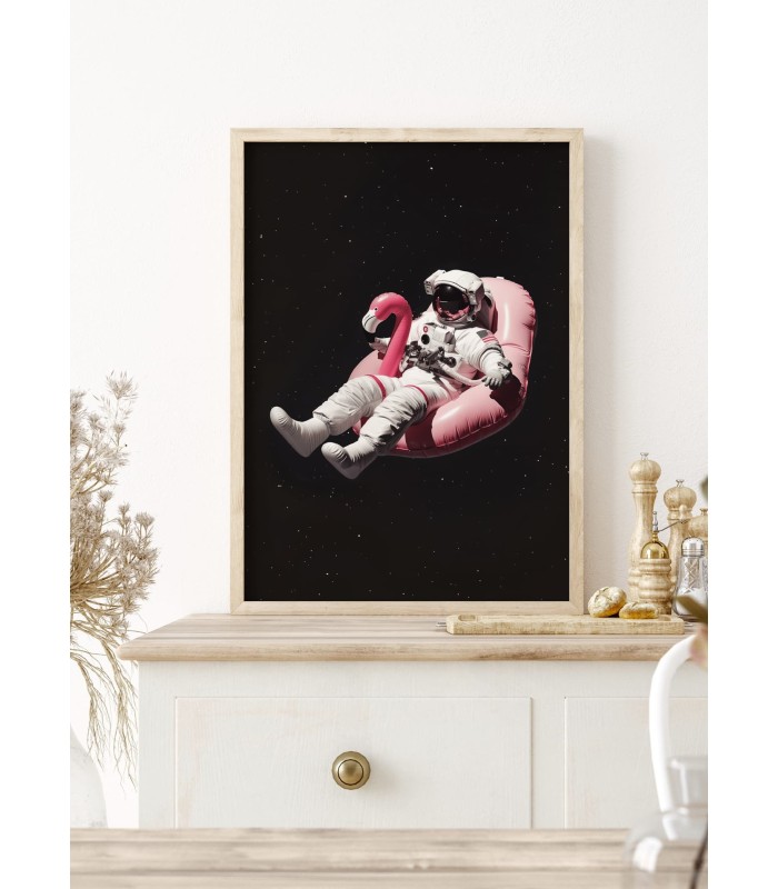 Affiche Astronaute sur Bouée Flamant Rose