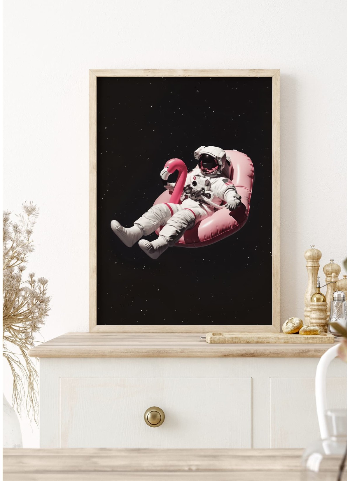 Affiche Astronaute sur Bouée Flamant Rose