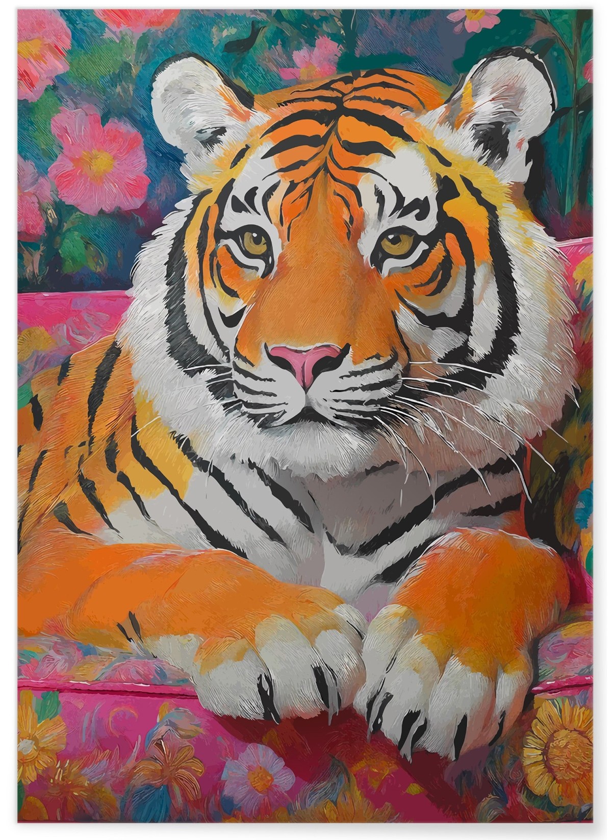 Affiche Tigre canapé fleuri