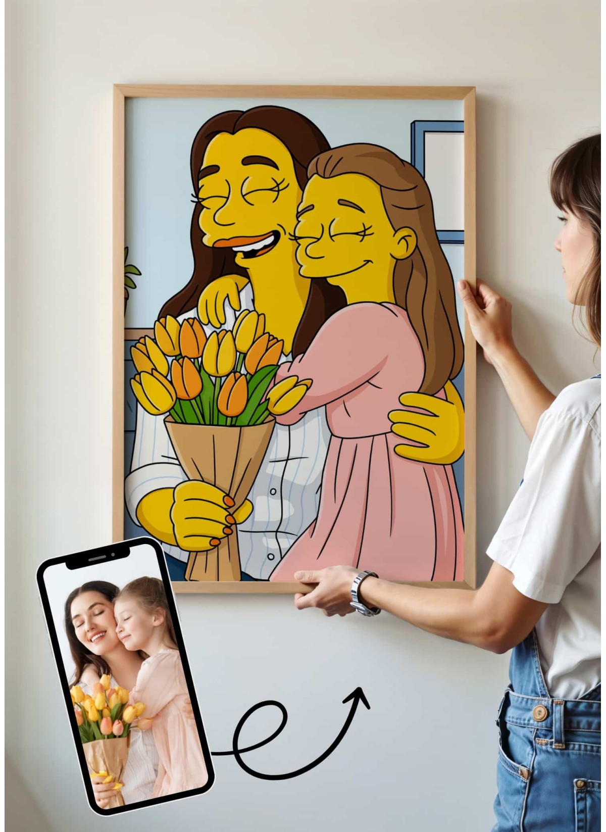 Affiche Cartoon Personnalisée (IA) – Votre portrait en style cartoon jaune pour maman | LAFFICHERIE