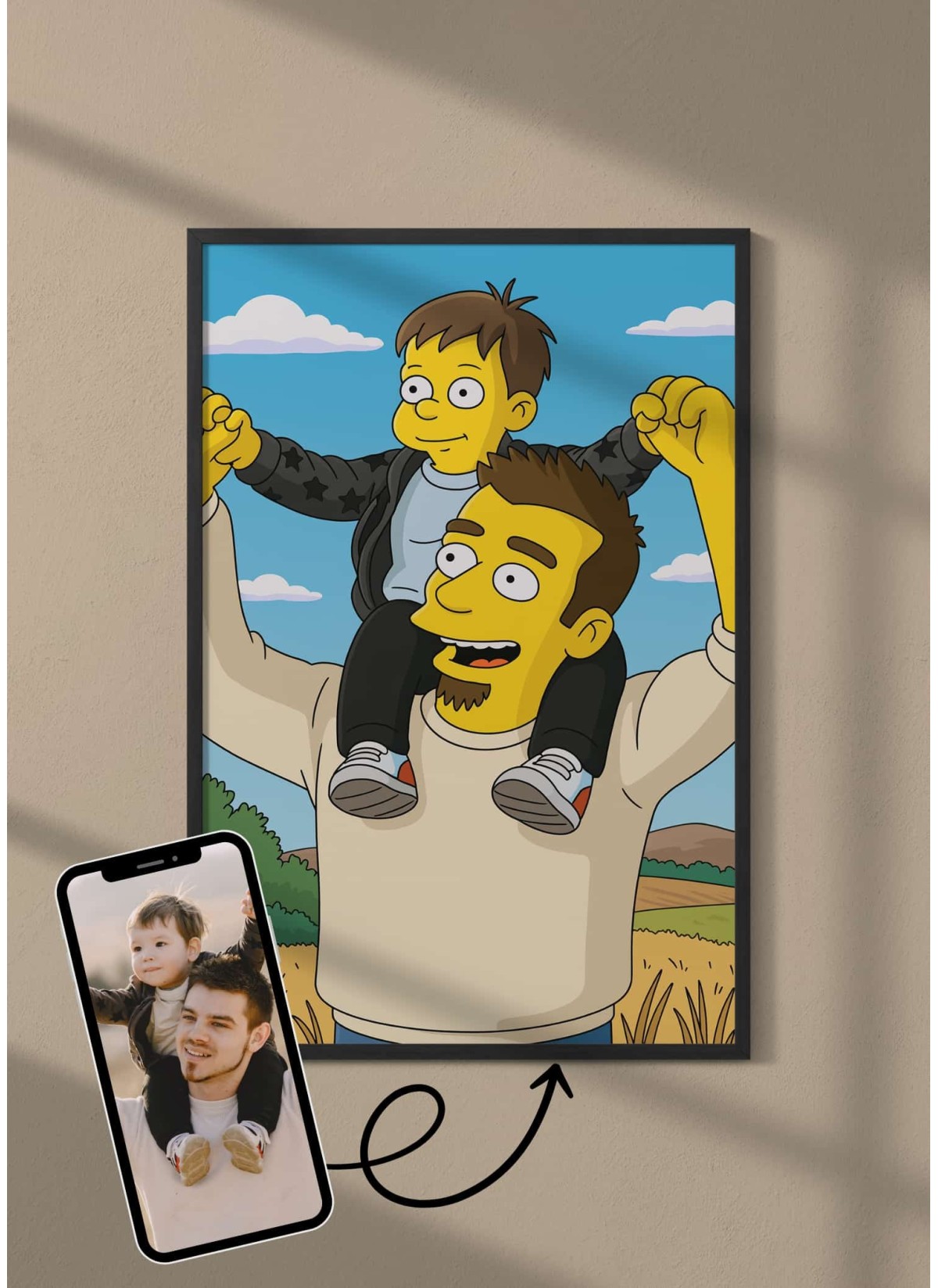 Affiche Cartoon Personnalisée (IA) – Votre portrait en style cartoon jaune pour papa | LAFFICHERIE