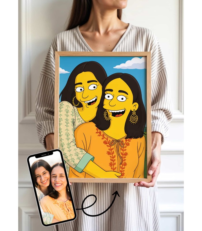 Affiche Cartoon Personnalisée (IA) – Votre portrait en style cartoon jaune pour frère et soeur | LAFFICHERIE