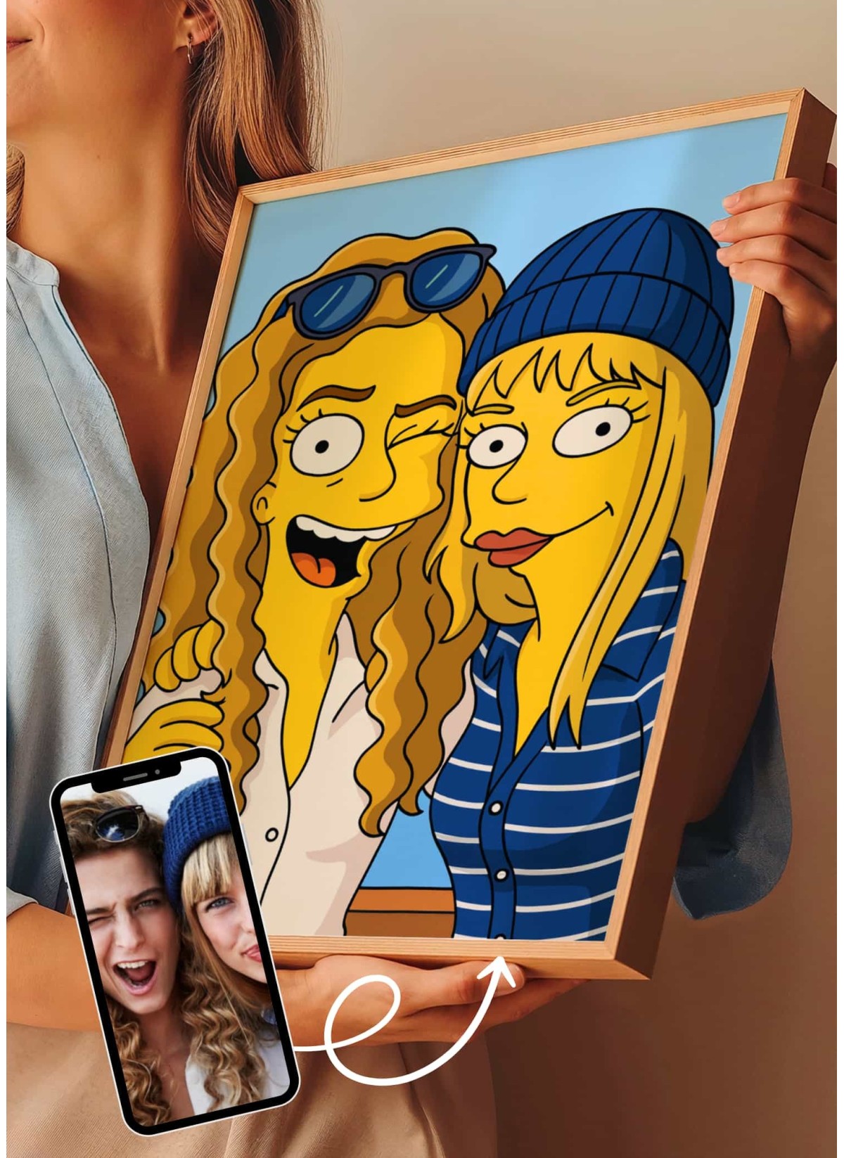 Affiche Cartoon Personnalisée (IA) – Votre portrait en style cartoon jaune pour amis | LAFFICHERIE