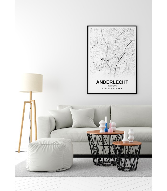 Affiche carte Anderlecht - rectangle Noir et Blanc