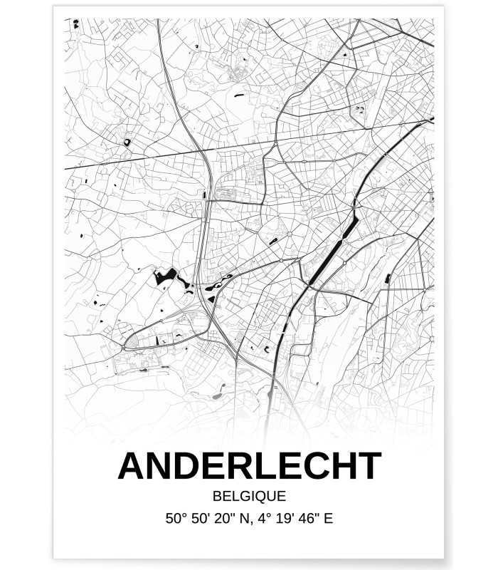 Affiche carte Anderlecht - rectangle Noir et Blanc
