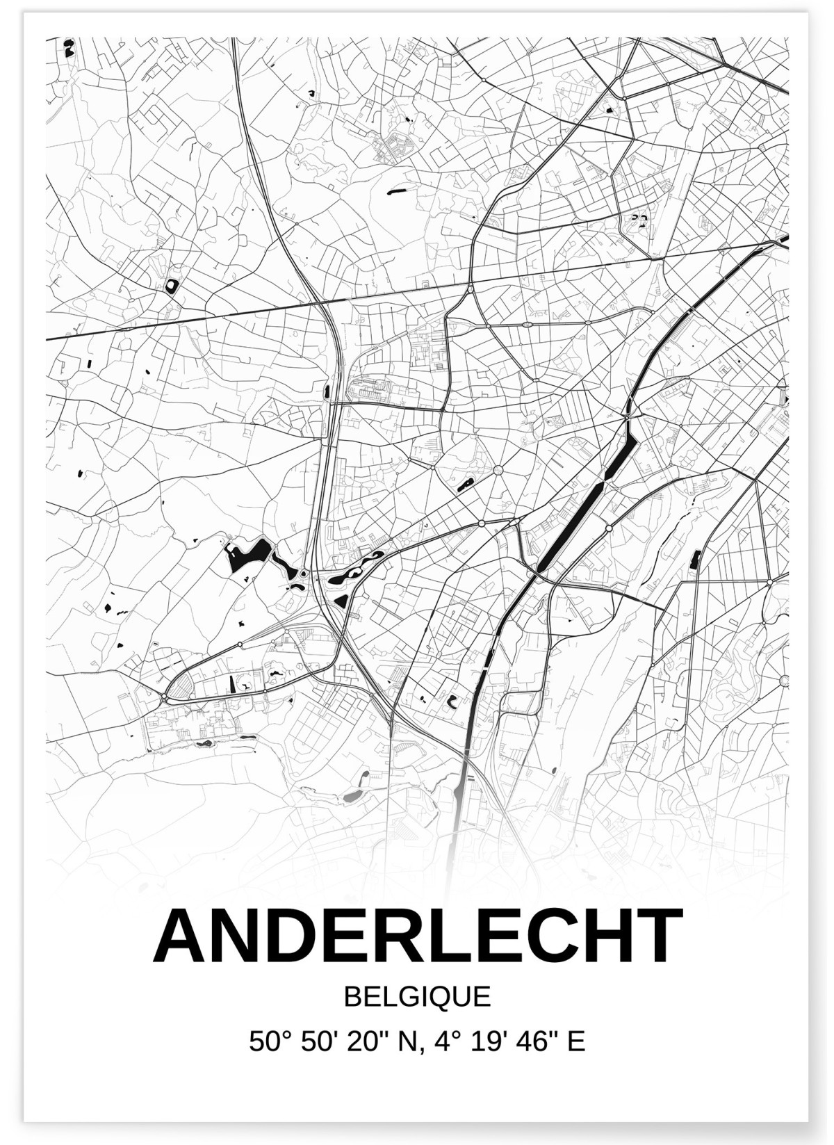 Affiche carte Anderlecht - rectangle Noir et Blanc