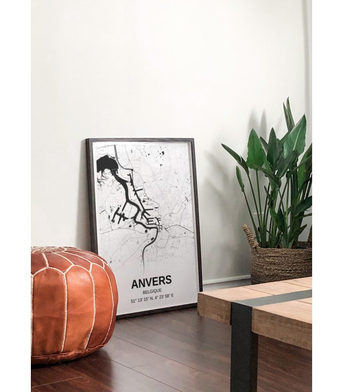 Affiche carte Anvers - rectangle Noir et Blanc