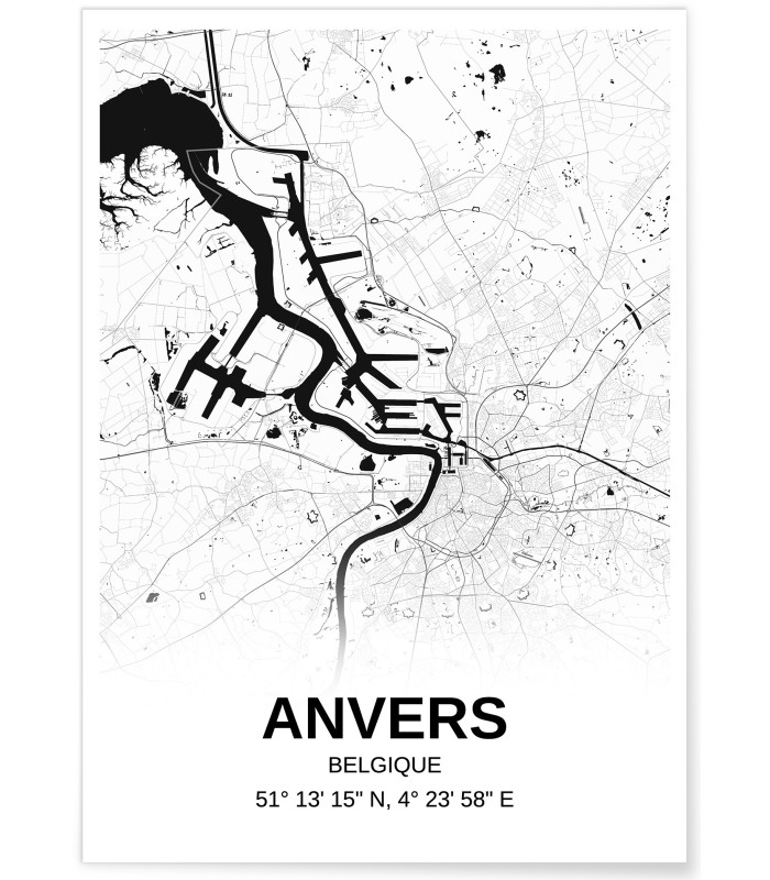 Affiche carte Anvers - rectangle Noir et Blanc