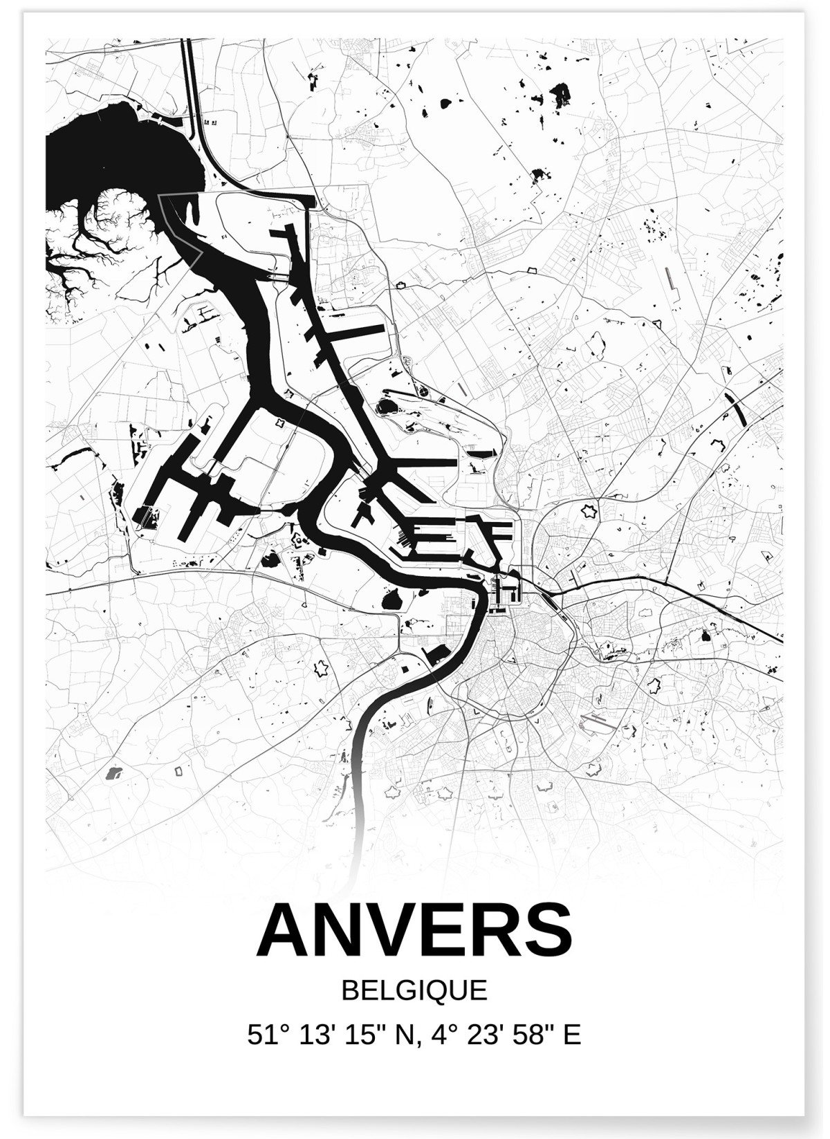 Affiche carte Anvers - rectangle Noir et Blanc