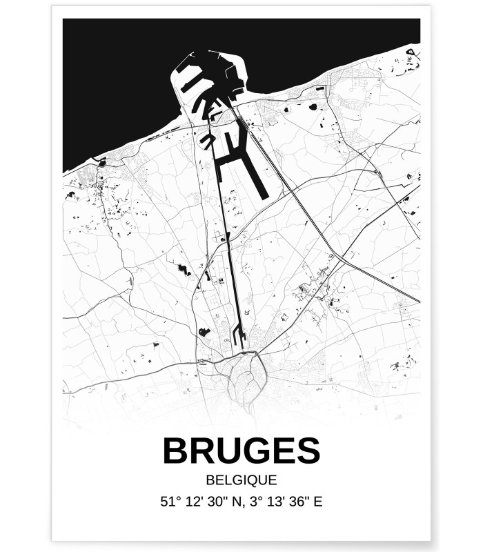 Affiche carte Bruges - rectangle Noir et Blanc