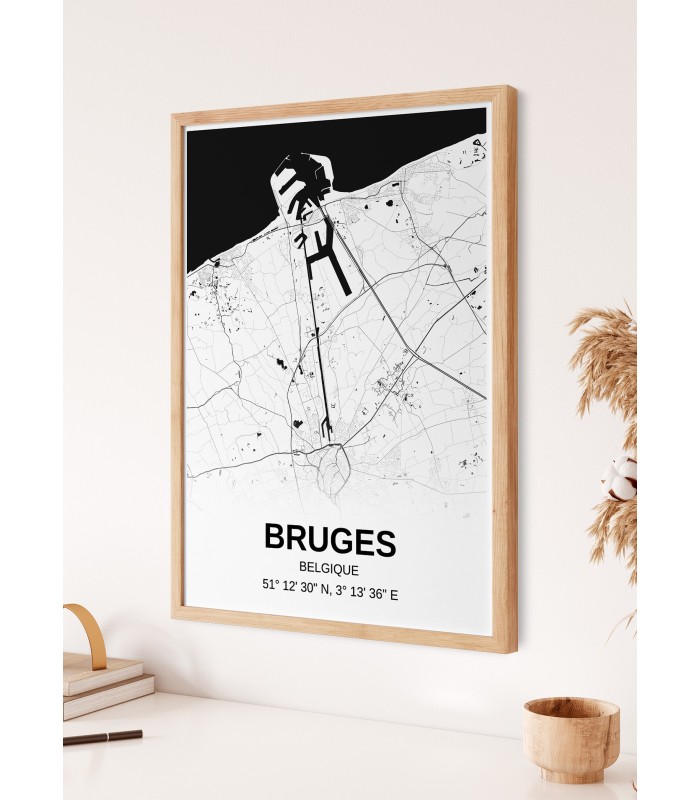 Affiche carte Bruges - rectangle Noir et Blanc