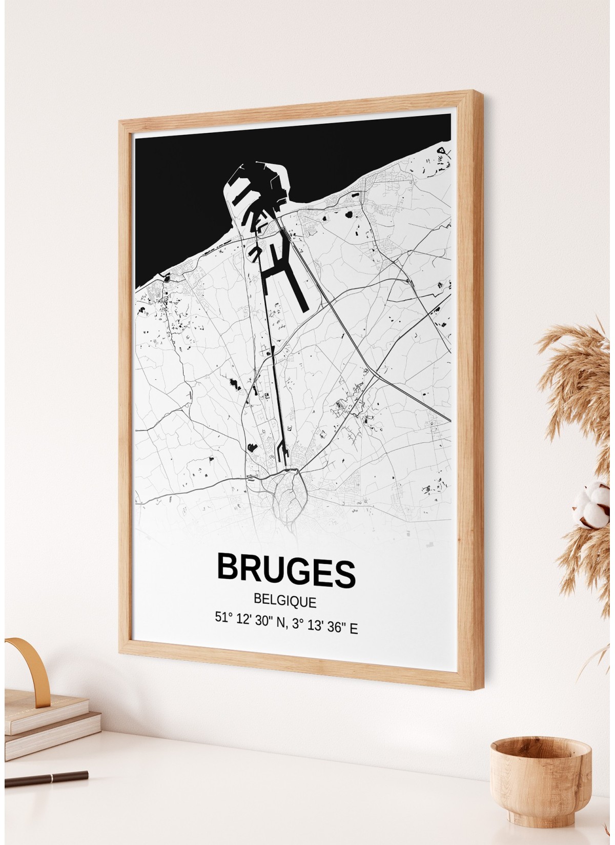 Affiche carte Bruges - rectangle Noir et Blanc