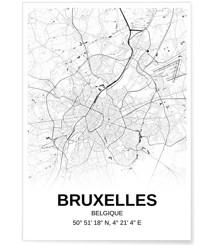 Affiche carte Bruxelles - rectangle Noir et Blanc