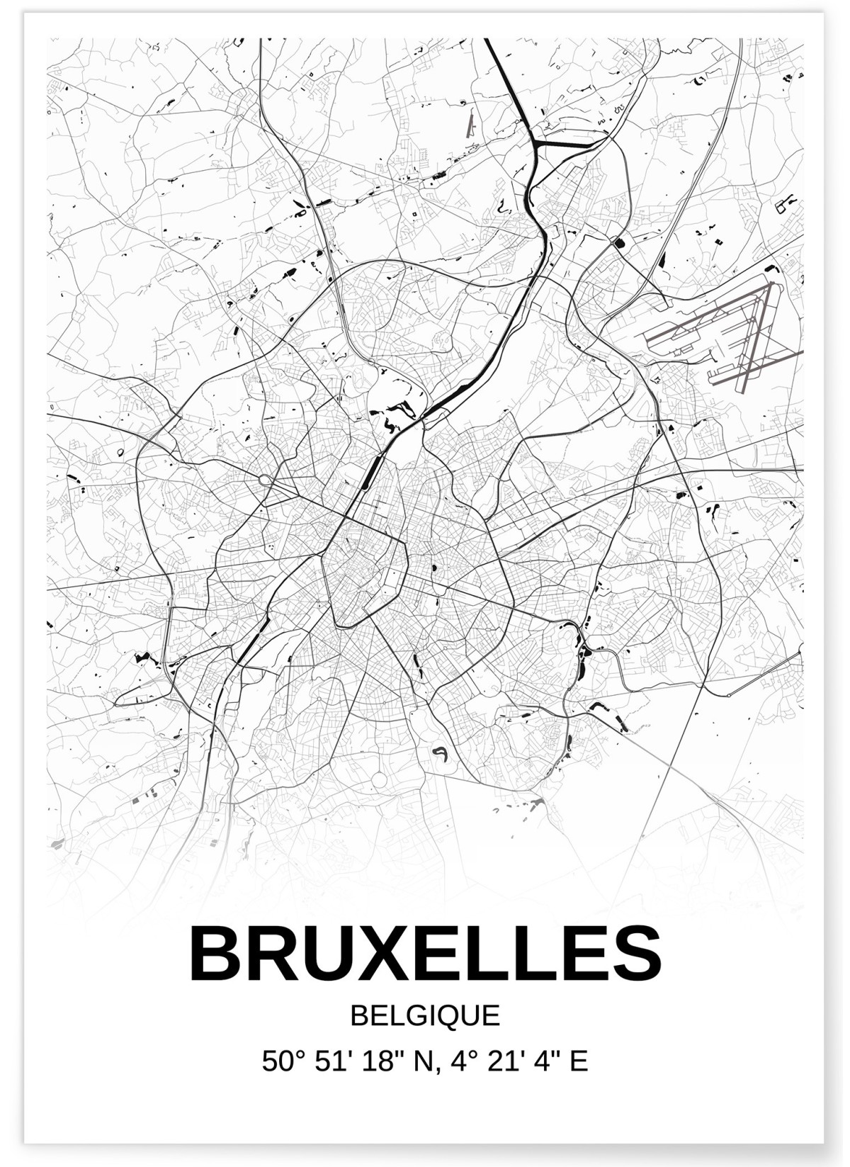 Affiche carte Bruxelles - rectangle Noir et Blanc