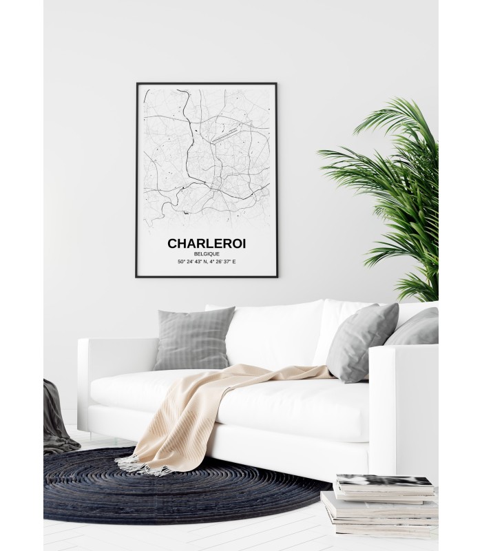 Affiche carte Charleroi - rectangle Noir et Blanc