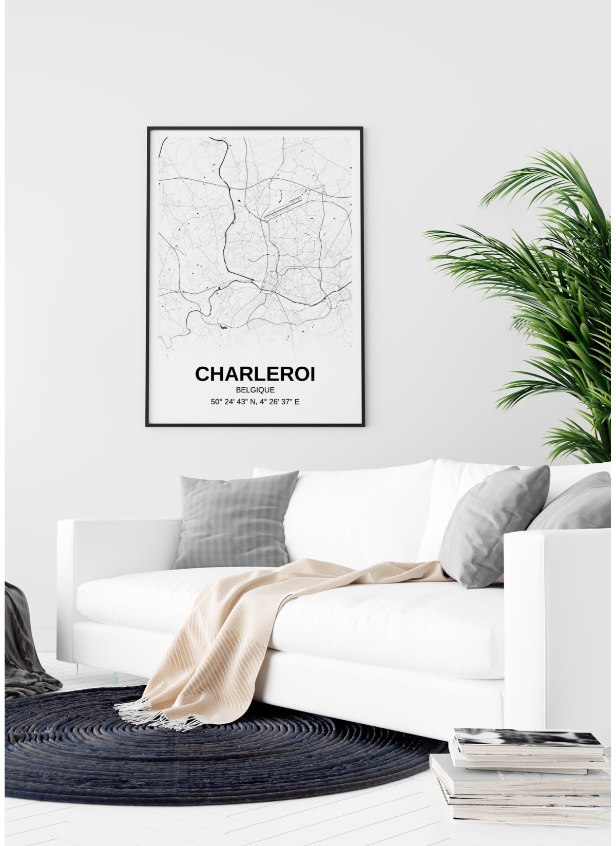 Affiche carte Charleroi - rectangle Noir et Blanc