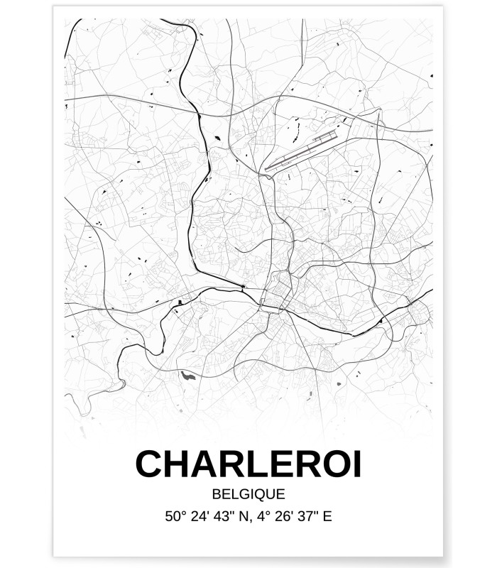 Affiche carte Charleroi - rectangle Noir et Blanc