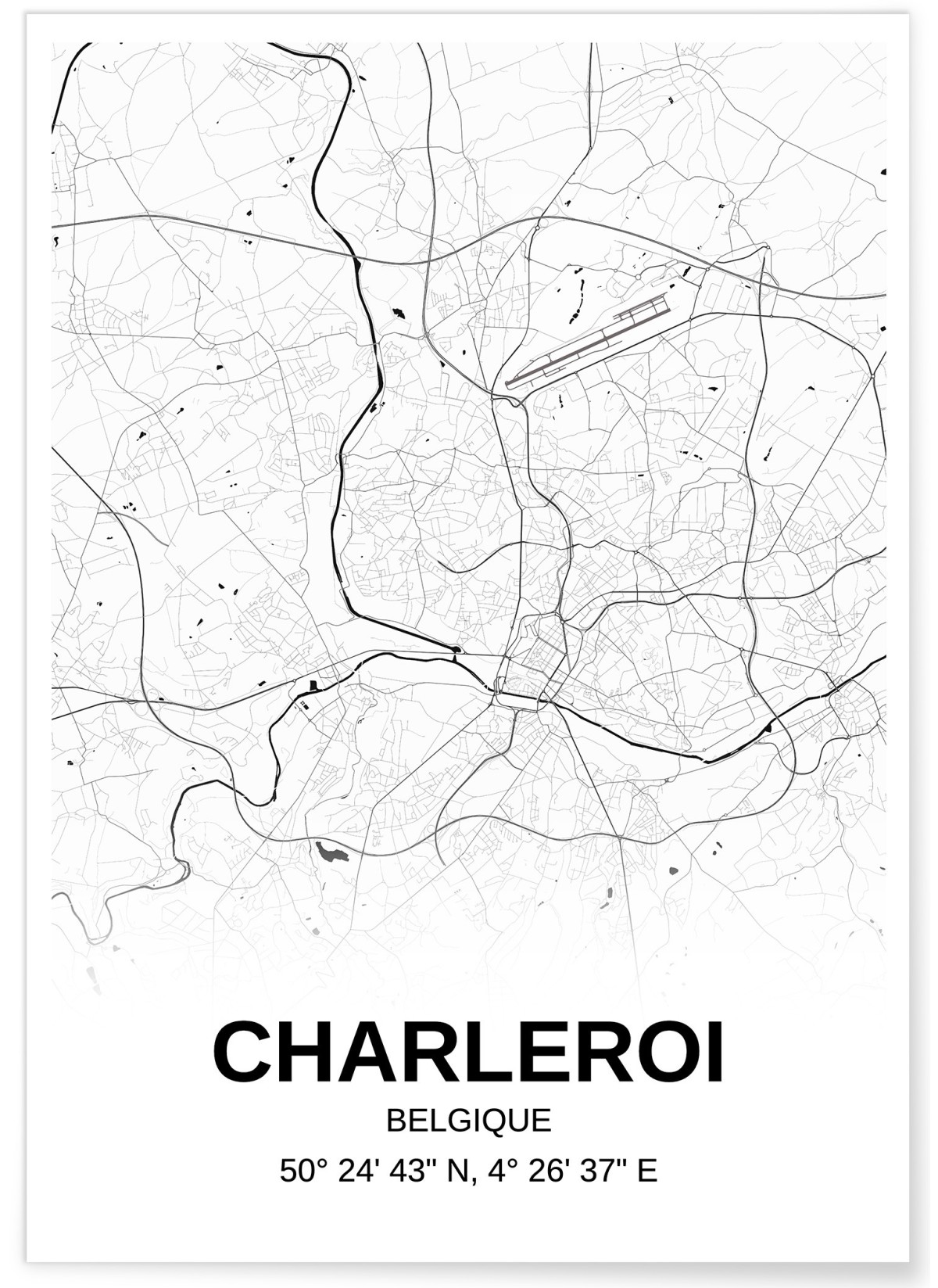 Affiche carte Charleroi - rectangle Noir et Blanc
