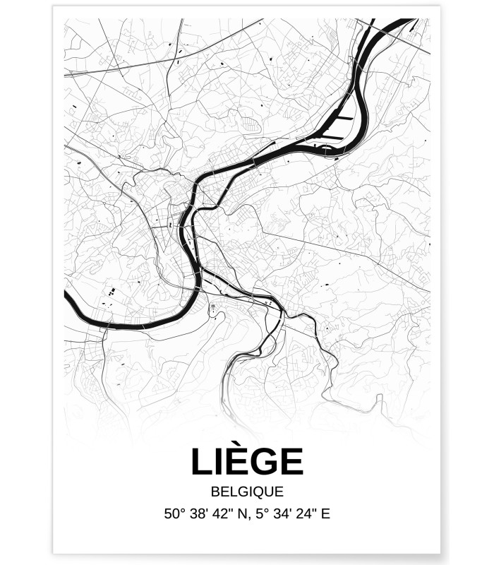 Affiche carte Liège - rectangle Noir et Blanc
