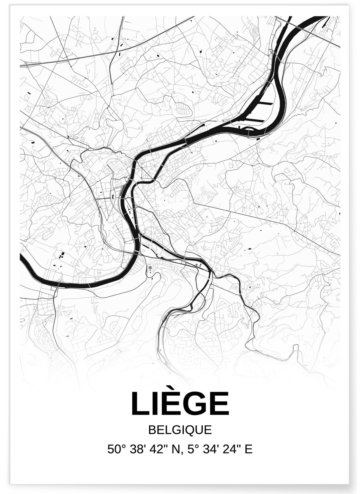 Affiche carte Liège - rectangle Noir et Blanc