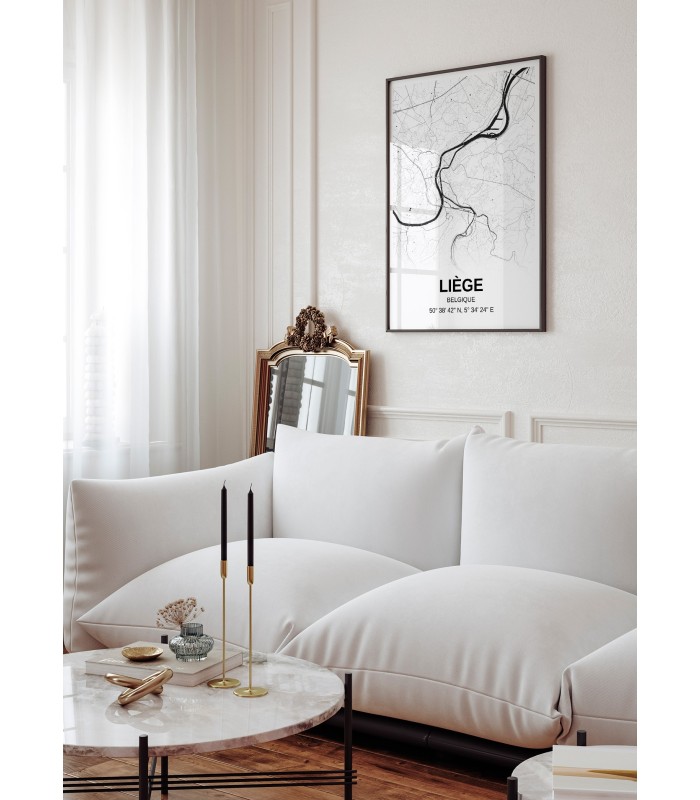 Affiche carte Liège - rectangle Noir et Blanc