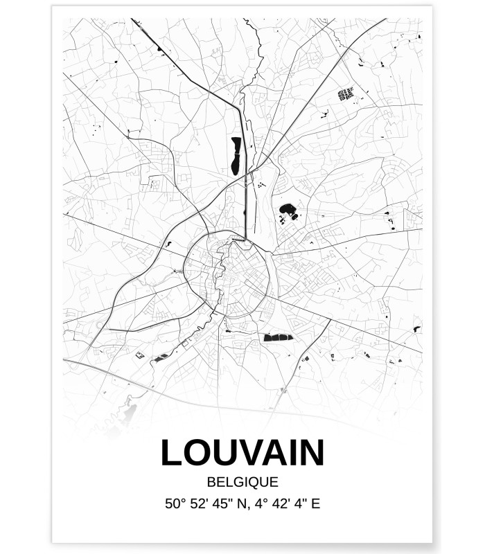 Affiche carte Louvain - rectangle Noir et Blanc