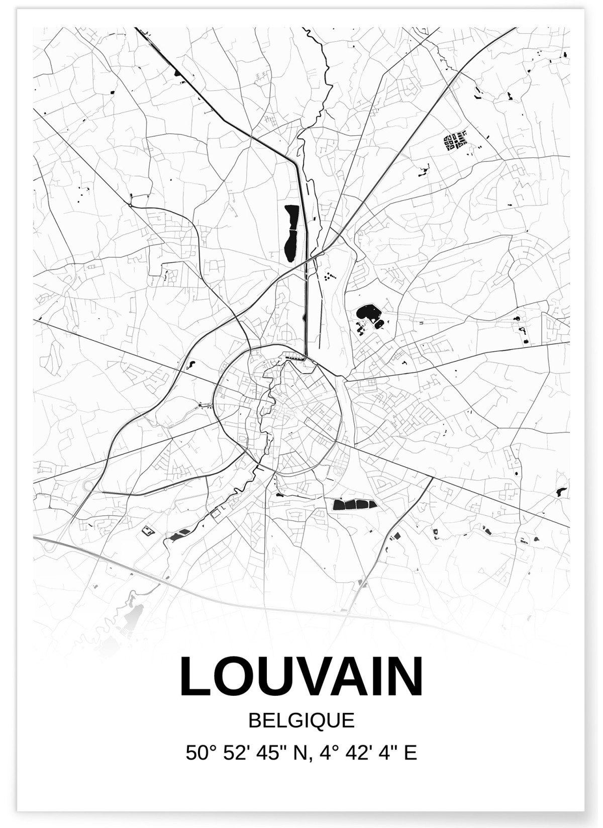 Affiche carte Louvain - rectangle Noir et Blanc