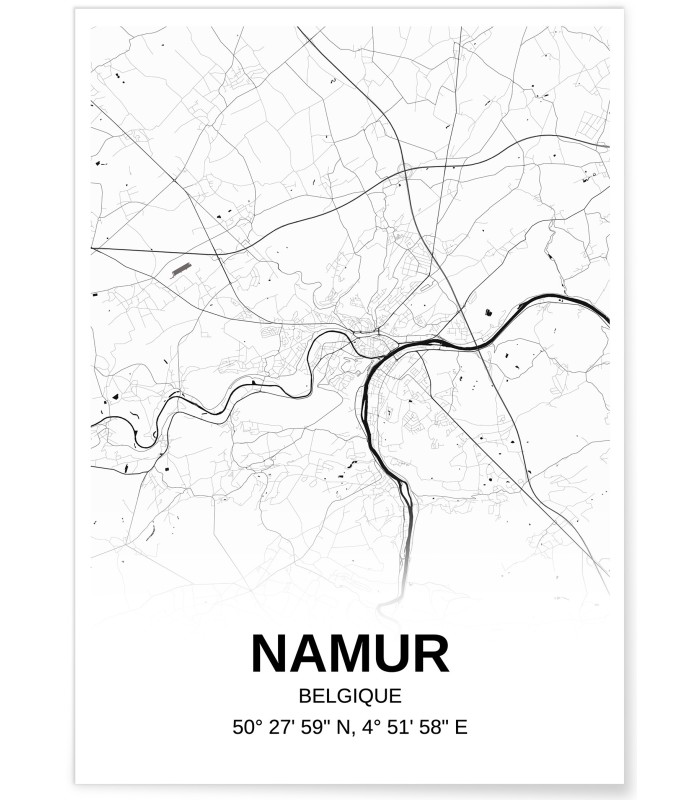 Affiche carte Namur - rectangle Noir et Blanc
