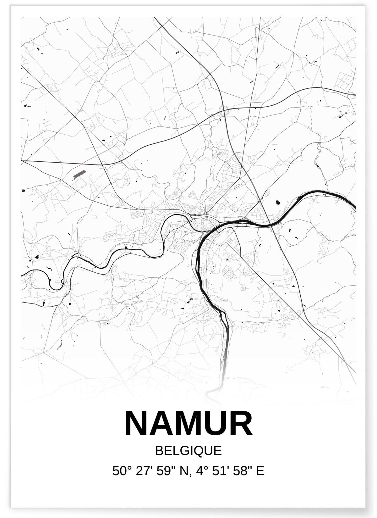 Affiche carte Namur - rectangle Noir et Blanc