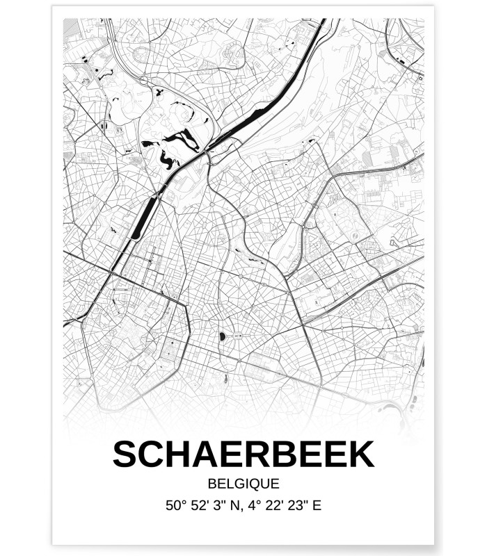 Affiche carte Schaerbeek - rectangle Noir et Blanc