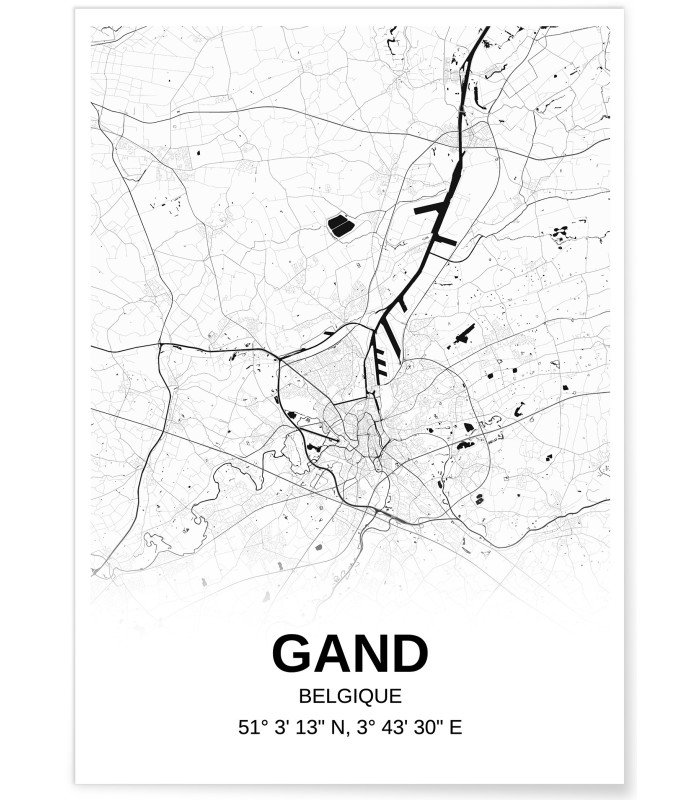 Affiche carte Gand - rectangle Noir et Blanc
