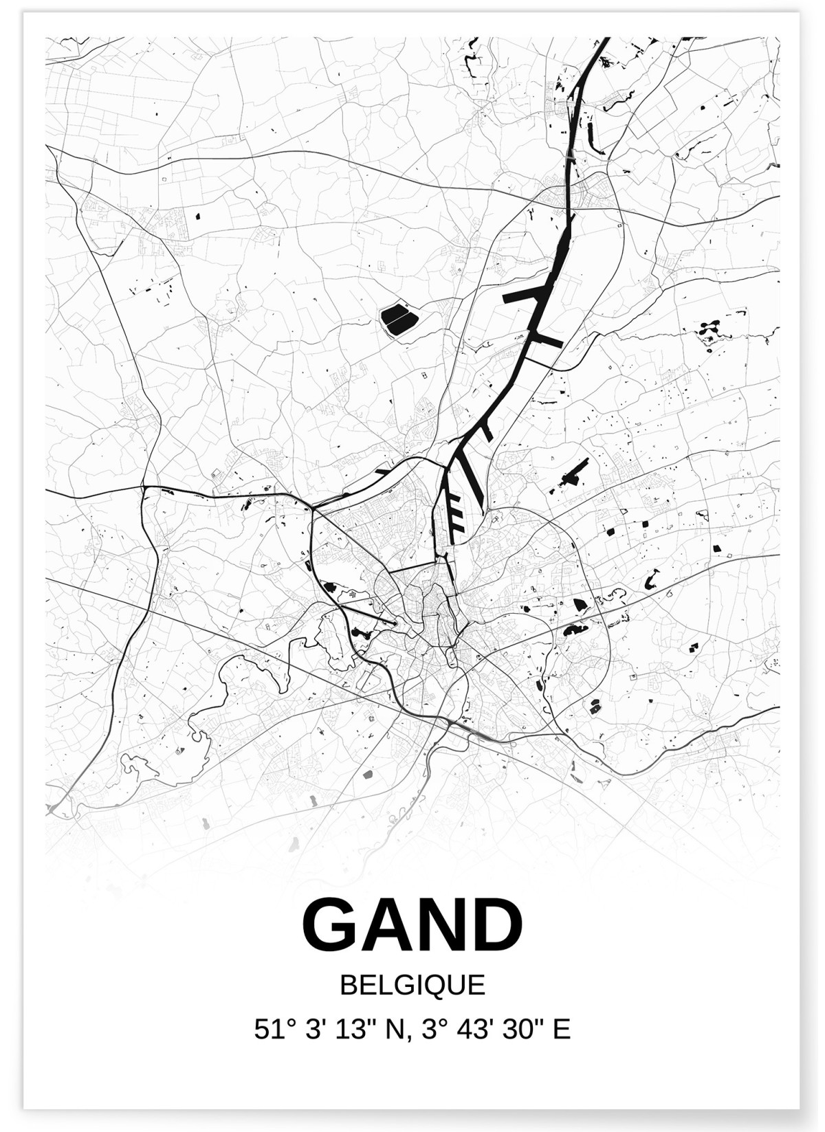 Affiche carte Gand - rectangle Noir et Blanc