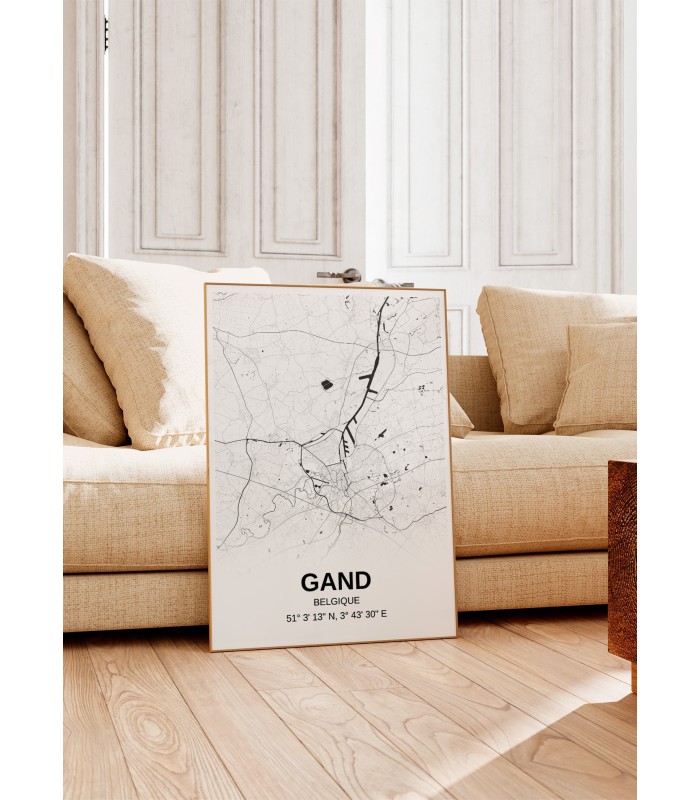 Affiche carte Gand - rectangle Noir et Blanc