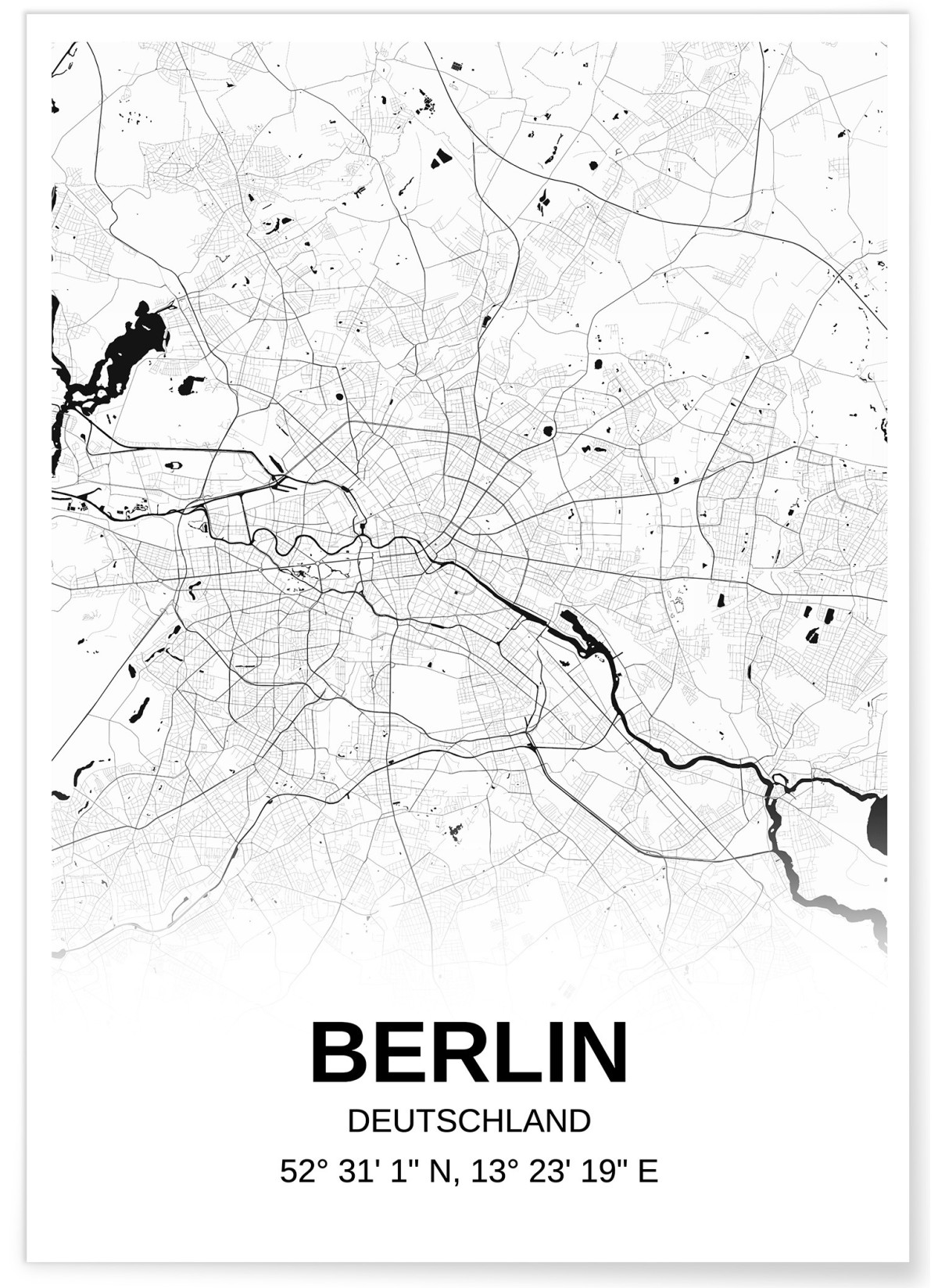 Affiche carte Berlin - rectangle Noir et Blanc