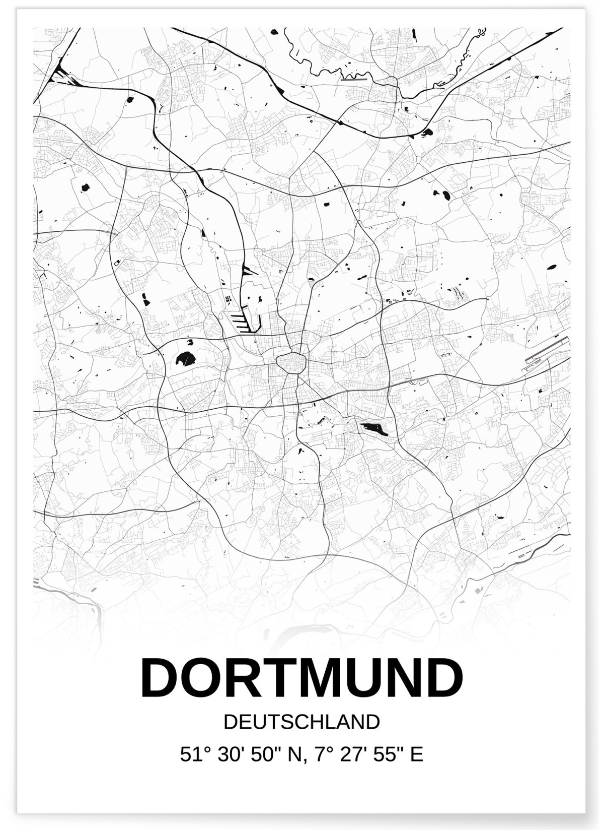 Affiche carte Dortmund - rectangle Noir et Blanc