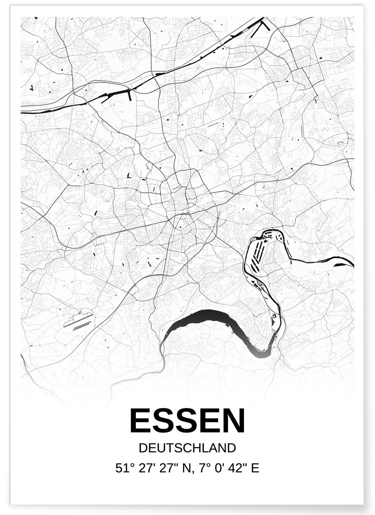 Affiche carte Essen - rectangle Noir et Blanc