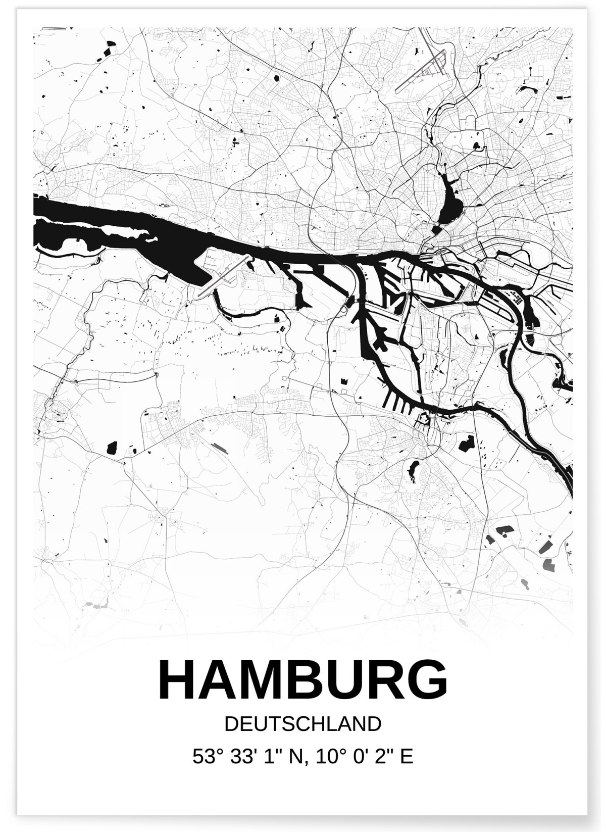 Affiche carte Hamburg - rectangle Noir et Blanc