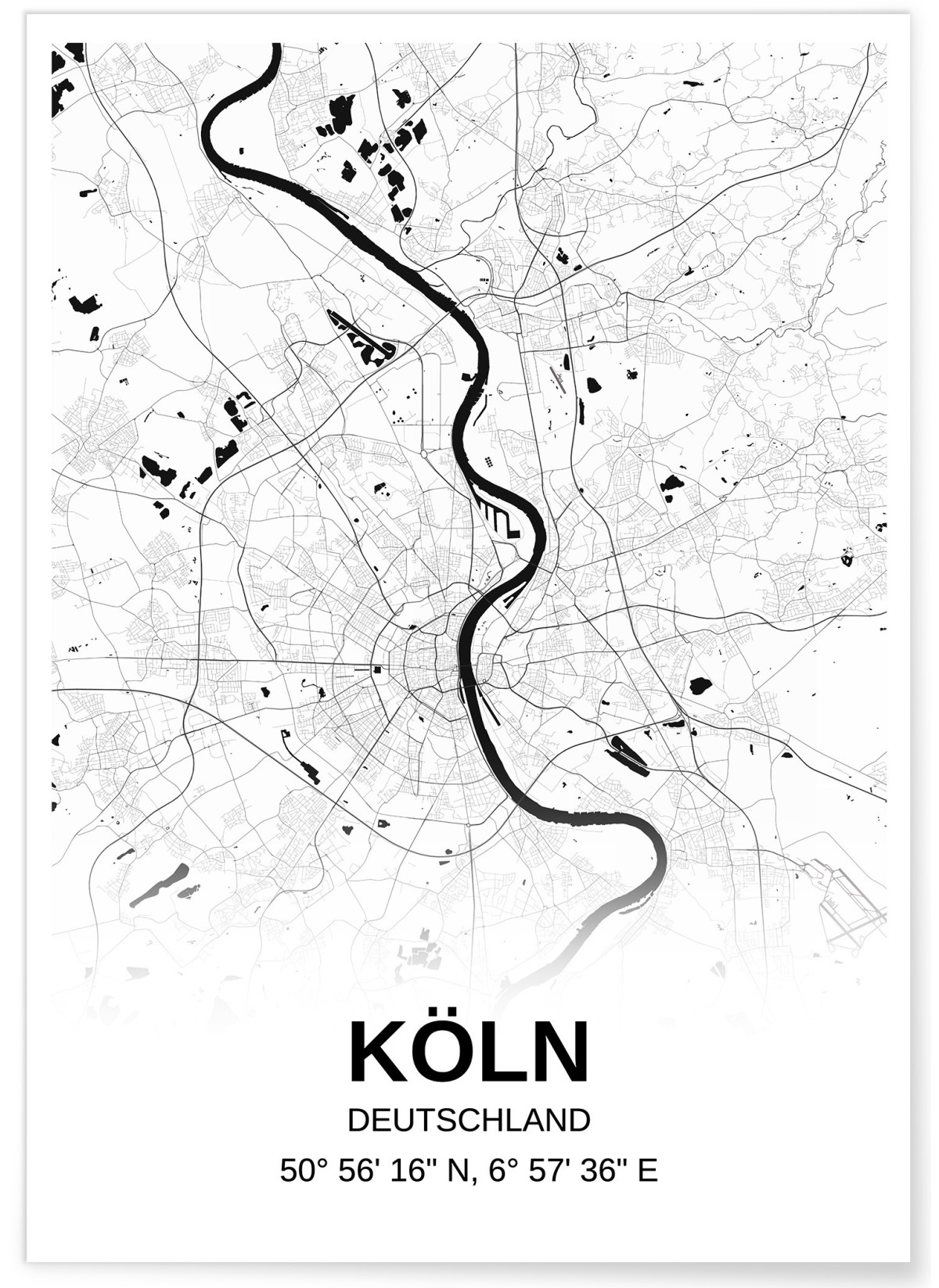 Affiche carte Köln - rectangle Noir et Blanc