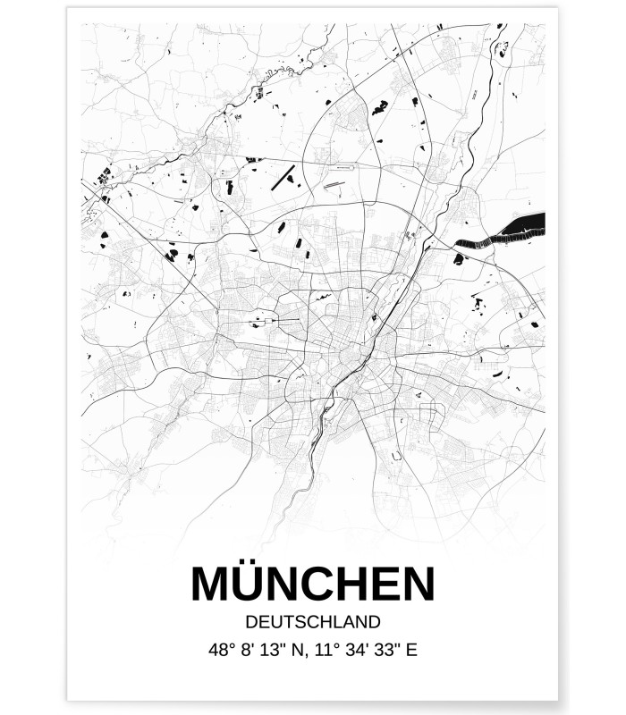 Affiche carte München - rectangle Noir et Blanc