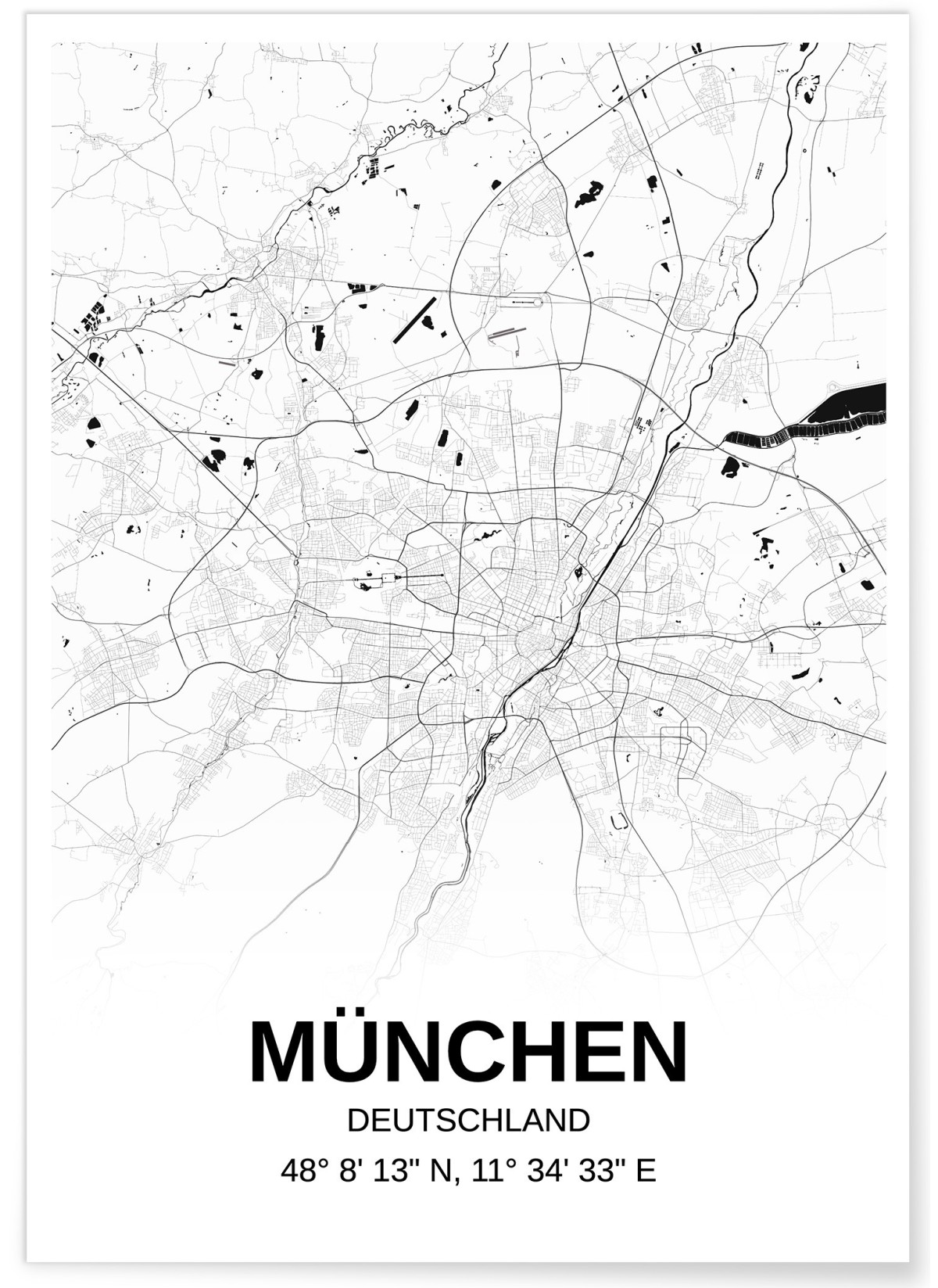Affiche carte München - rectangle Noir et Blanc