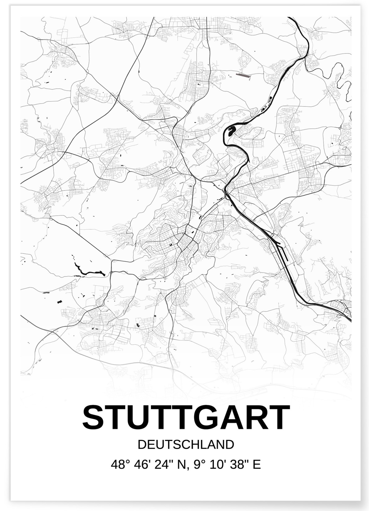 Affiche carte Stuttgart - rectangle Noir et Blanc