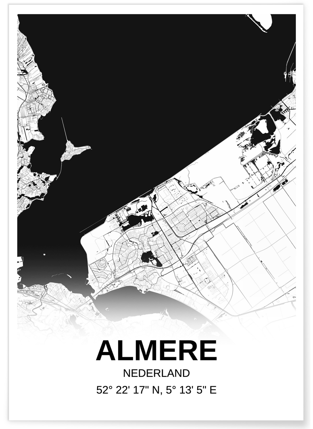 Affiche carte Almere - rectangle Noir et Blanc