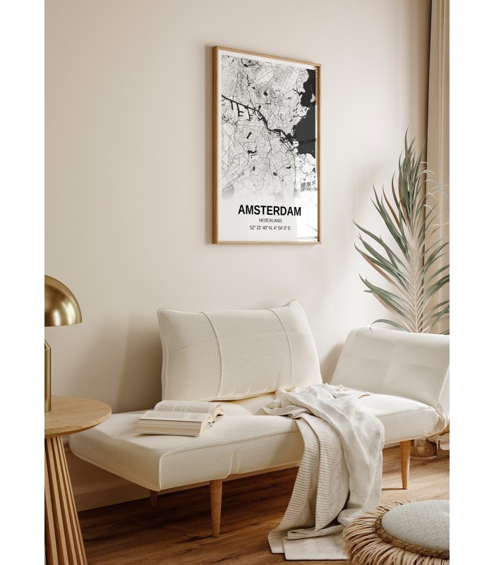 Affiche carte Amsterdam - rectangle Noir et Blanc